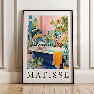 Matisse jungle luiaard kunstprint – kleurrijke dierenposter, tropische plant muurkunst, grillige badkamer woondecoratie