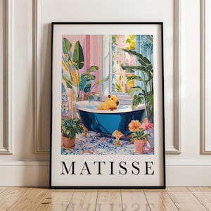 Matisse Jungle Capibara Art Print – kleurrijke dierenposter, tropische plant muurkunst, grillige badkamer woondecoratie