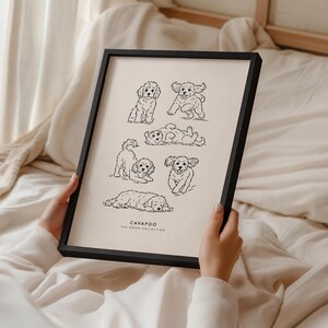 May include: A black framed print featuring six black line art illustrations of Cavapoo dogs in various poses on a cream background. The text at the bottom reads CAVAPOO THE BREED COLLECTION in a simple sans-serif font, showcasing the dogs sitting, running, rolling, playing, and sleeping.