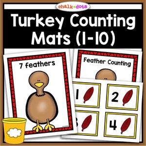 May include: A printable set of turkey counting mats for kids. The mats feature a turkey with feathers and numbers 1-10. The mats are perfect for teaching kids how to count.