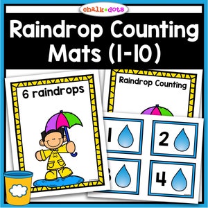 May include: A set of 10 printable counting mats featuring raindrops and a child holding an umbrella. The mats are designed for early learners to practice counting from 1 to 10.