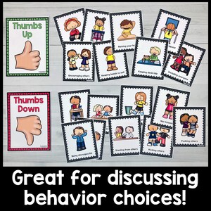 May include: A set of 16 colorful classroom behavior cards with illustrations of children and text. The cards are divided into two categories: Thumbs Up and Thumbs Down. The Thumbs Up cards show positive behaviors, such as raising your hand, keeping hands to self, and including everyone. The Thumbs Down cards show negative behaviors, such as not listening, pushing others, and stealing from others.