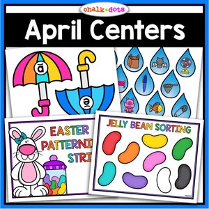May include: Four printable activity sheets for April learning centers. The sheets feature a jelly bean sorting activity, an Easter pattern activity, an umbrella matching activity, and a rain cloud matching activity.