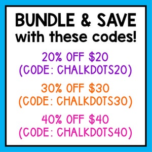 K&ouml;nnte beinhalten: Eine blaue und orangefarbene Grafik mit dem Text "BUNDLE & SAVE with these codes!" und drei Rabattcodes: 20 % Rabatt auf 20 $ (CODE: CHALKDOTS20), 30 % Rabatt auf 30 $ (CODE: CHALKDOTS30) und 40 % Rabatt auf 40 $ (CODE: CHALKDOTS40).