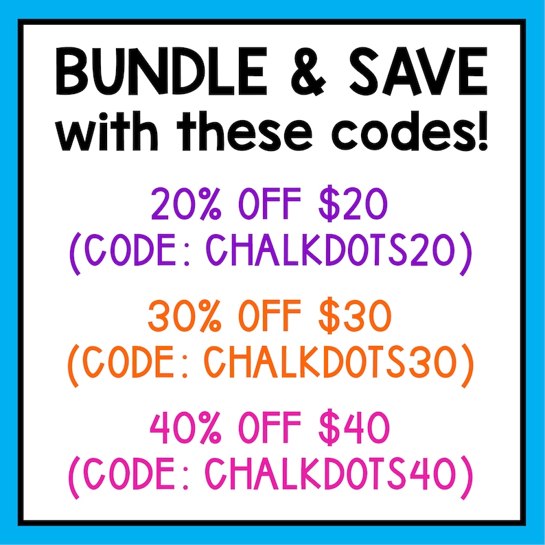 K&ouml;nnte beinhalten: Eine blaue und orangefarbene Grafik mit dem Text "BUNDLE & SAVE with these codes!" und drei Rabattcodes: 20 % Rabatt auf 20 $ (CODE: CHALKDOTS20), 30 % Rabatt auf 30 $ (CODE: CHALKDOTS30) und 40 % Rabatt auf 40 $ (CODE: CHALKDOTS40).