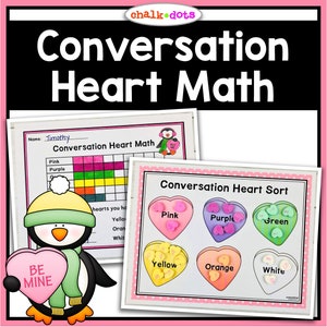 Valentine's Day Candy Heart Math Activities, Conversation Heart Graphing, Kindergarten, First Grade, Homeschool, Worksheets, Printables