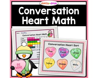 Valentine's Day Candy Heart Math Activities, Conversation Heart Graphing, Kindergarten, First Grade, Homeschool, Worksheets, Printables
