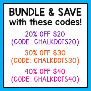 Puede incluir: Un gr&aacute;fico azul y naranja con el texto "BUNDLE & SAVE with these codes!" y tres c&oacute;digos de descuento: 20% de DESCUENTO en $20 (C&Oacute;DIGO: CHALKDOTS20), 30% de DESCUENTO en $30 (C&Oacute;DIGO: CHALKDOTS30) y 40% de DESCUENTO en $40 (C&Oacute;DIGO: CHALKDOTS40).