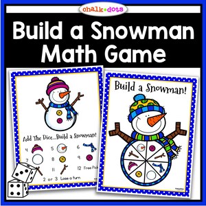 May include: A printable game for kids to learn math by building a snowman. The game includes a spinner and dice. The game instructions say "Add the dice... Build a snowman!" and "2 or 3 Lose a turn".