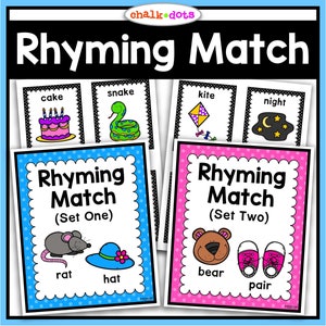 韻を踏む言葉、韻を踏むカード、マッチングゲーム、パートナーカード、幼稚園、プレK、幼稚園、ホームスクール、センター、サークルタイム、印刷物