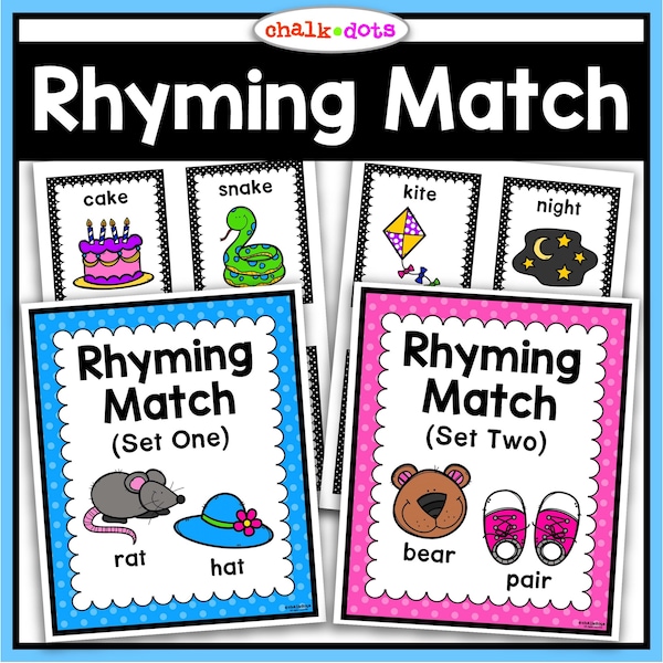 Rhyming Words, Rhyming Cards, Matching Game, Partner Cards, Preschool, PreK, Kindergarten, Homeschool, Centers, Circle Time, Printables