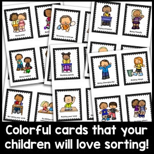 May include: Colorful cards with black borders and white polka dots feature illustrations of children engaging in various behaviors, such as being kind, throwing a tantrum, paying attention, being friendly, being helpful, working quietly, being disrespectful, kicking things, raising a hand, not doing work, scribbling on someone's work, and pushing others. The text "Colorful cards that your children will love sorting!" is at the bottom of the image.