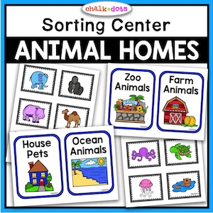 May include: A set of printable sorting cards for a classroom learning activity. The cards feature colorful illustrations of animals and their habitats. The cards are labeled with the following categories: Zoo Animals, Farm Animals, House Pets, and Ocean Animals.