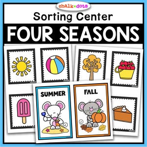 May include: A vibrant educational display labelled "Sorting Centre FOUR SEASONS". The display features illustrated cards for summer, autumn, winter, and spring. Each season card includes a mouse and seasonal objects such as a sun, pumpkin, and apples.
