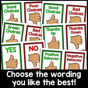 May include: A set of colorful classroom posters with thumbs up and thumbs down images. The posters feature different phrases like "Good Choices", "Bad Choices", "Green Choices", "Red Choices", "Thumbs Up", "Thumbs Down", "Yes", "No", "Positive Behavior", and "Negative Behavior".