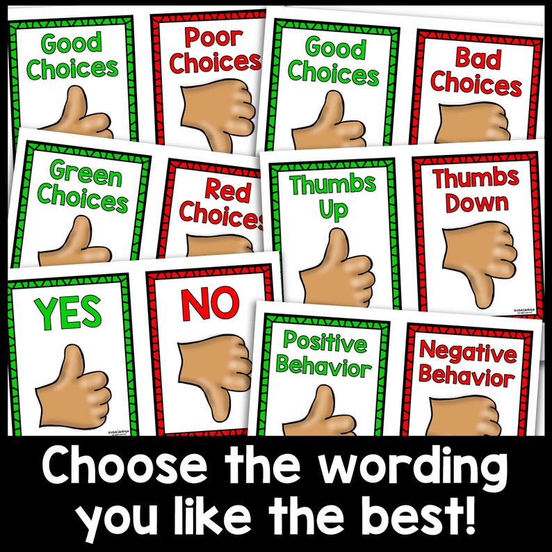 May include: A set of colorful classroom posters with thumbs up and thumbs down images. The posters feature different phrases like "Good Choices", "Bad Choices", "Green Choices", "Red Choices", "Thumbs Up", "Thumbs Down", "Yes", "No", "Positive Behavior", and "Negative Behavior".
