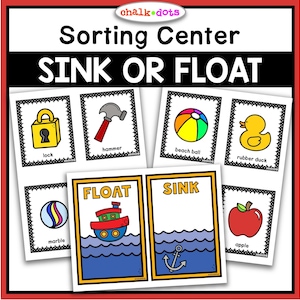 May include: A sorting center activity for kids to learn about objects that sink or float. The cards feature images of a lock, hammer, beach ball, rubber duck, marble, and apple. The cards are labeled with the words "float" and "sink".