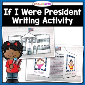 Peut inclure: Une activité imprimable pour les enfants pour imaginer ce qu'ils feraient s'ils étaient président. L'activité comprend un contour noir et blanc de la Maison-Blanche, un drapeau et une invite à écrire. Le texte de l'image est "If I Were President Writing Activity".