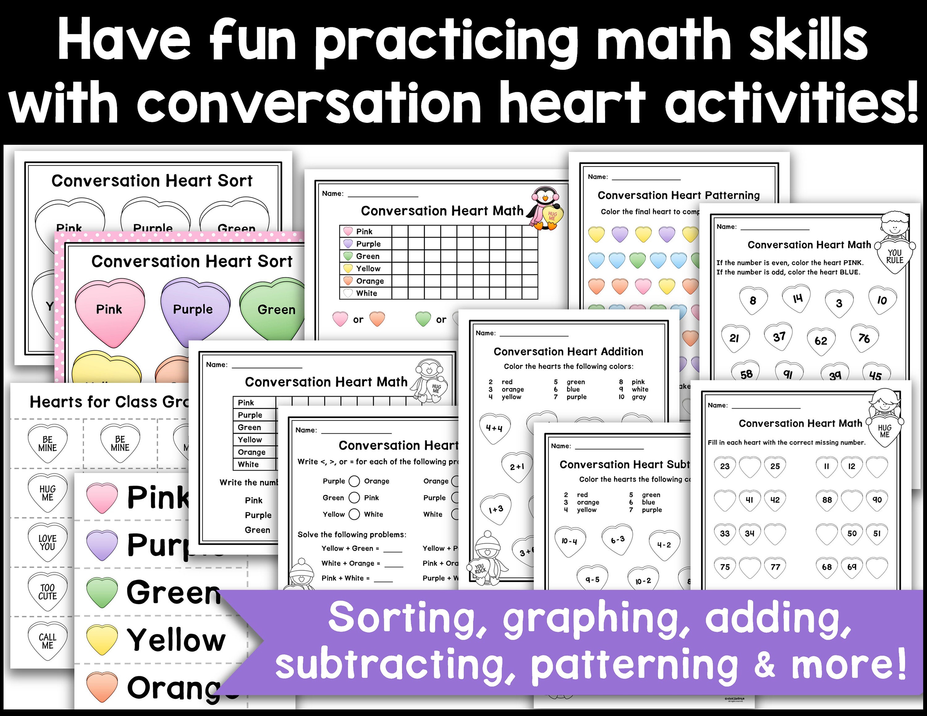 Valentine's Day Candy Heart Math Activities, Conversation Heart ...