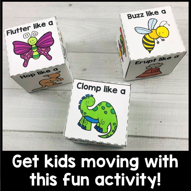 K&ouml;nnte beinhalten: Drei bunte W&uuml;rfel mit verschiedenen Tier- und Aktionsw&ouml;rtern auf jeder Seite. Die W&uuml;rfel zeigen "Flutter like a", "Hop like a", "Clomp like a", "Buzz like a", "Erupt like a" und "Crawl like a".