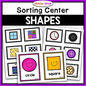 May include: A printable set of sorting cards for a shape sorting center. The cards feature various images of common objects, including a window, a quilt, a clock, a tire, a piece of cheese, a checkerboard, a donut, a button, a picture frame, and a pizza. The cards also include two cards with simple shapes, a circle and a square, with the words "circle" and "square" printed below them.