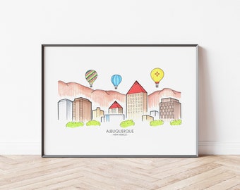 Impressão do horizonte de Albuquerque - Arte da paisagem urbana de Albuquerque - Albuquerque, Novo México Poster de viagens - Arte de parede de Albuquerque - Decoração de casa de Albuquerque
