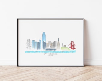 Könnte beinhalten: Eine Schwarzweiß-Zeichnung der Skyline von San Francisco, einschließlich der Golden Gate Bridge und der Transamerica Pyramid. Die Zeichnung befindet sich auf weißem Hintergrund mit dem Text "SAN FRANCISCO, KALIFORNIEN" unterhalb der Skyline.