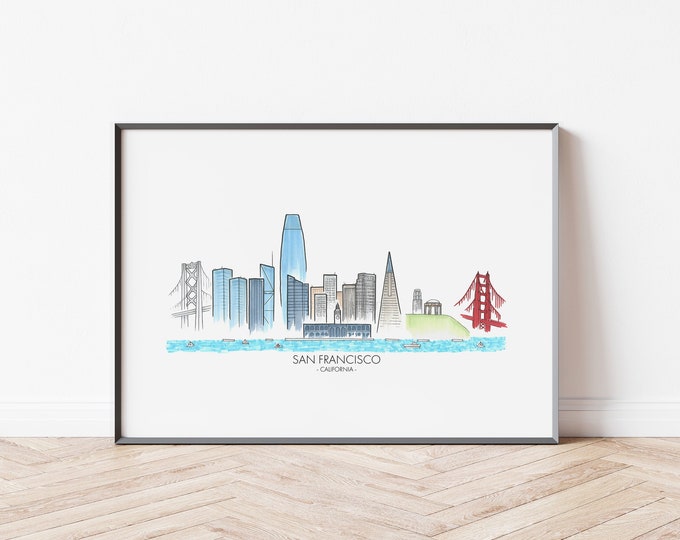 San Francisco Skyline Print - San Francisco Cityscape Art - San Francisco, California Travel Poster - San Francisco Wall Art - Home Décor
