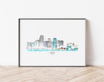 Miami Skyline Print - Miami Stadtbild Kunstdruck - Miami, Florida Reiseposter - Miami Wandkunst - Miami Home Decor