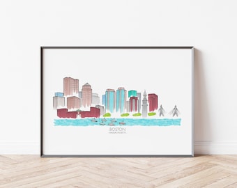 Boston Skyline Print - Boston Cityscape Art - Boston, MA Travel Poster - Boston Wall Art - Home Décor
