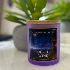 May include: A purple candle with a wooden lid. The label reads "THE COURTS COLLECTION" and "HOUSE OF WIND" with a scenic illustration. A green plant and a gray pot are in the background.