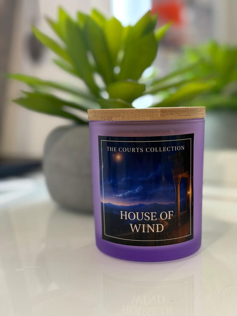 May include: A purple candle with a wooden lid. The label reads "THE COURTS COLLECTION" and "HOUSE OF WIND" with a scenic illustration. A green plant and a gray pot are in the background.