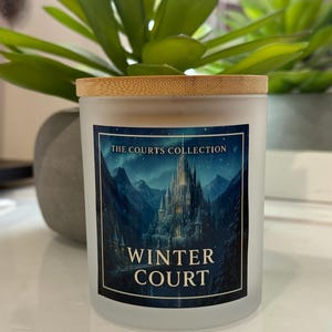May include: A frosted glass candle with a wooden lid. The label reads "THE COURTS COLLECTION" and "WINTER COURT" with a scenic illustration of a castle in a mountain landscape. The candle is placed in front of a green plant.
