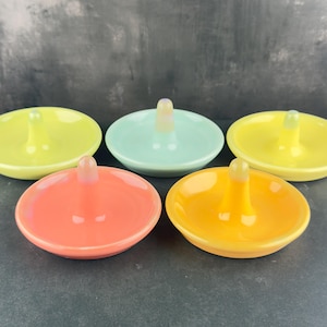 Handmade ceramic ring holder featuring flowing glaze and natural color variation, pottery jewelry holder with glossy surface and unique finish. Pictured here are my bright color options, red/pink, orange, chartreuse, sea glass blue and lemon yellow gloss options.