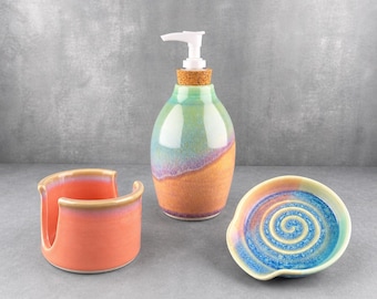 Handmade Ceramic Kitchen Set – Porcelain Soap Dispenser, Sponge Holder, Spoon Rest