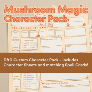Puede incluir: Una hoja de personaje de Dungeons & Dragons imprimible con un tema de hongos. La hoja incluye secciones para puntuaciones de habilidades, tiradas de salvación, habilidades, armas y más. El texto "Mushroom Magic Character Pack" está en la parte superior de la hoja.