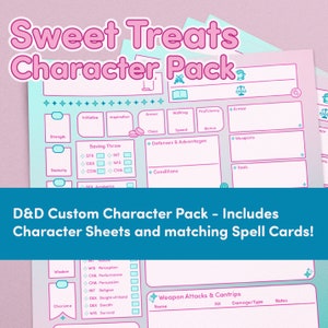 Folhas de personagens fofas de D&D e cartas de feitiço Pastel Candy 5E Player Pack Dungeons and Dragons Doces para impressão