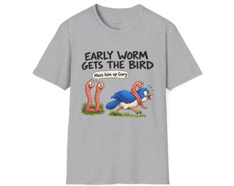 T-shirt « Le ver précoce attrape l'oiseau » | Illustration amusante de vers et d'oiseaux