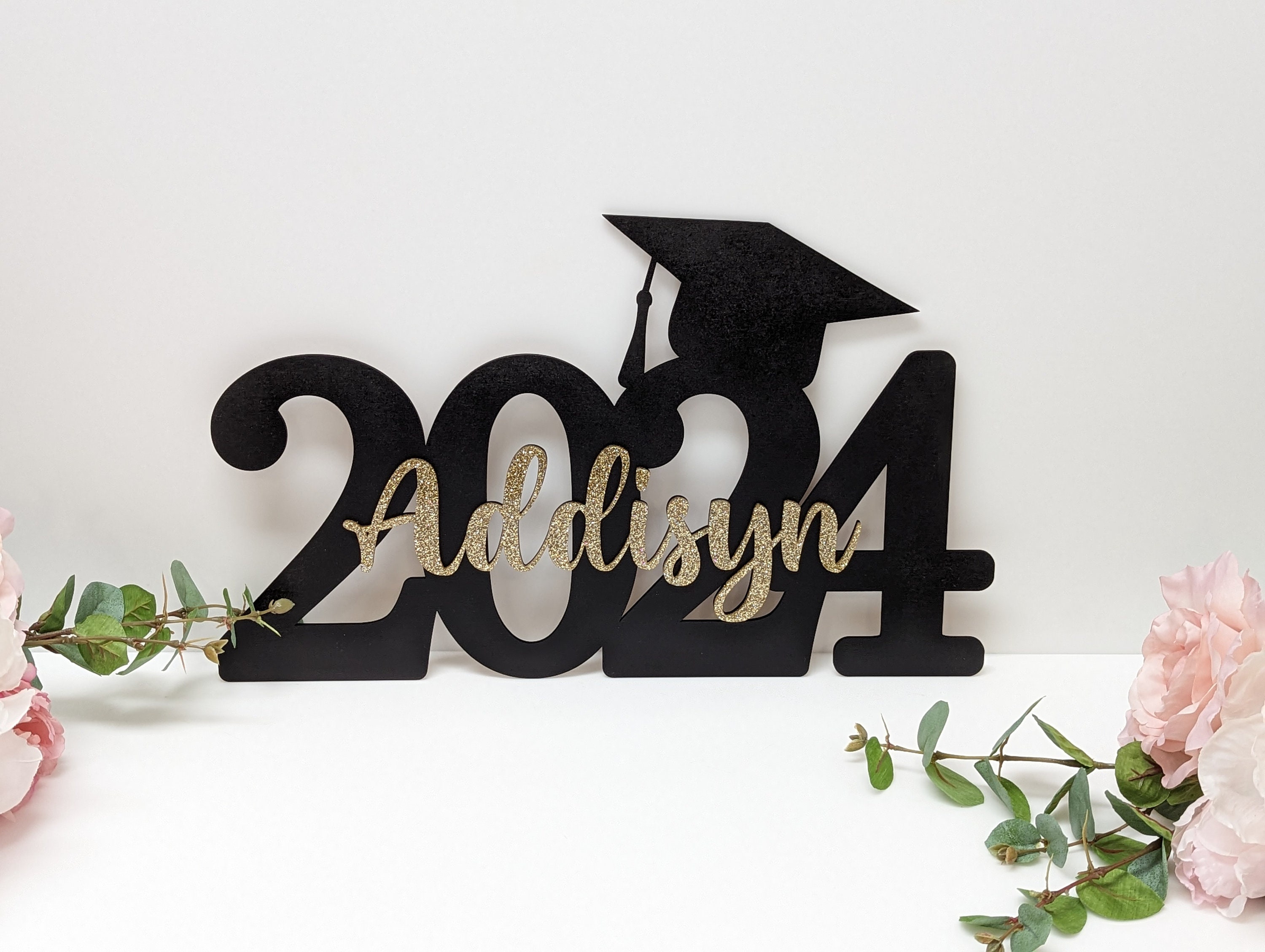 Graduation name year sign photo prop and backdrop matching cake topper  available