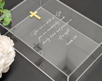 Clear acrylic box with engraved lid and gold mirror details keepsake baptism first communion gift complement