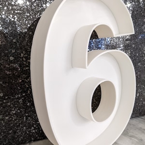 May include: A white, hollow, plastic number six. The number is large and has a three-dimensional shape.