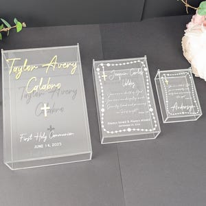 Clear acrylic box with engraved lid and gold mirror details keepsake baptism first communion weeding gift complement