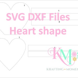 May include: SVG and DXF files for a heart shape. The image shows two outlines of a heart shape. The text "SVG DXF Files" is written in pink letters on a white background. The text "Heart shape" is written in pink letters on a white background.
