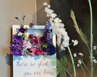 Custom made wooden floral box welcome sign with acrylic text