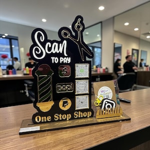 Letrero con código QR para barbería, letrero para escanear y pagar, letrero de pago para barbería, pantalla con código QR para salón de belleza, letrero para Cash App, Venmo, PayPal y Zelle.