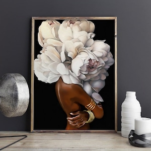 Black Girl With Flower Canvas Art, Black Wall Art, Black Art, African American Canvas, African art, black woman art, Abstract Canvas