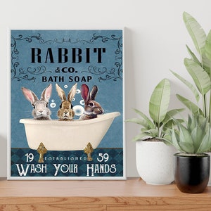 Rabbit Bath and Soap Company Bathroom Poster, Wash Your Hands, Rabbit Art, Animal Poster, Bathroom Wall Art, Rabbit Bathroom Art Print