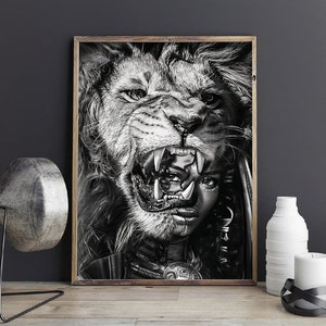 Black Girl With Lion Poster Art, Black Wall Art, Black Art, African American Art, African Art, Black Woman Art, Abstract Art, Black Decor