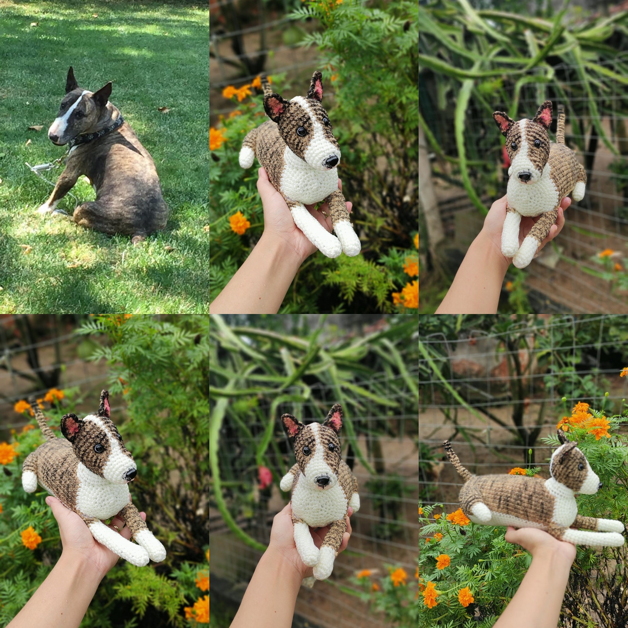 Pelúcia de cachorro de crochê artesanal personalizada, boneca de animal de estimação personalizada, lembrança de cachorro amigurumi, presente exclusivo de bull terrier, pelúcias personalizáveis