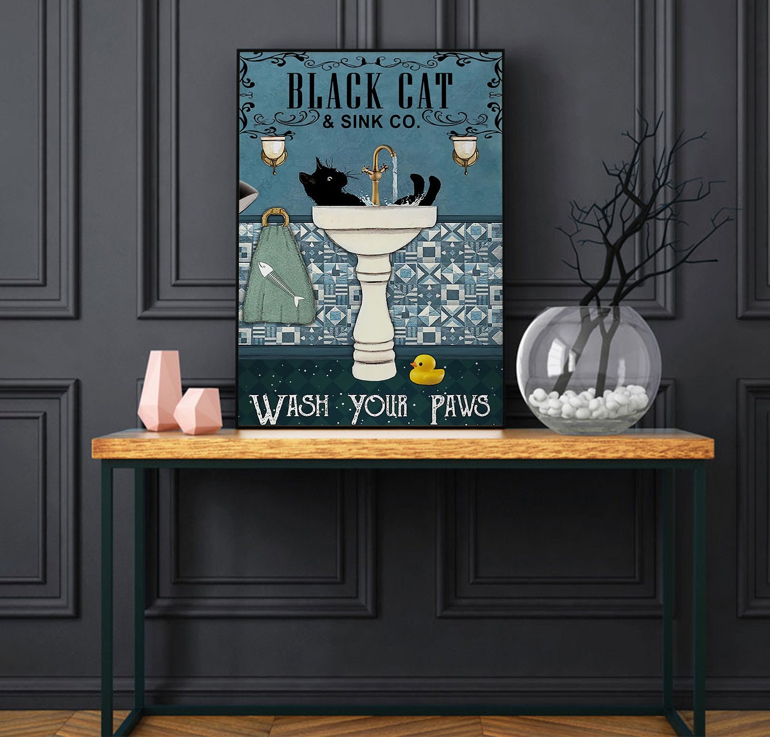 Black Cat Bathroom Poster Wash Your Paws Bathroom Wall Art | Etsy